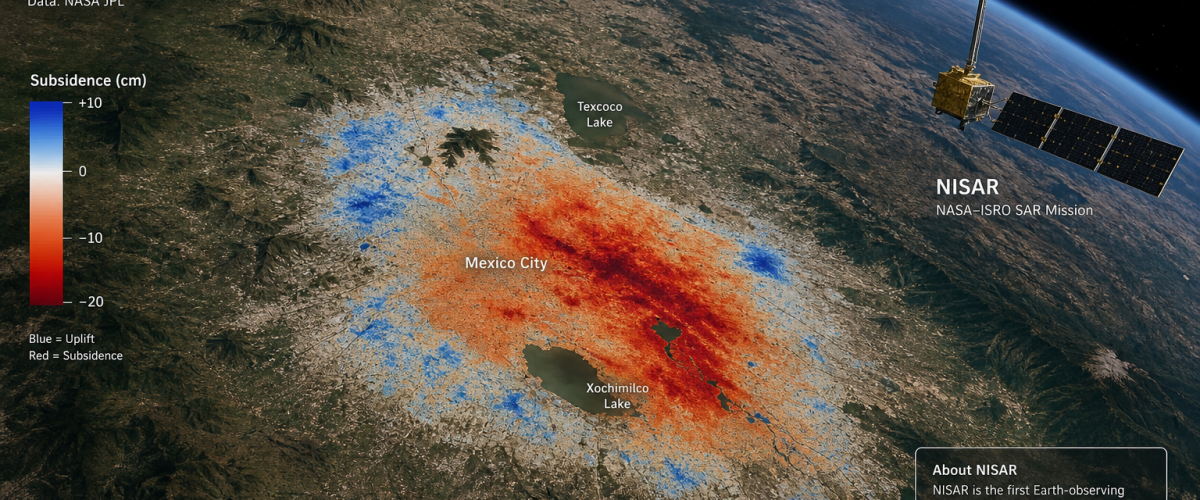 NISAR satellite radar map showing Mexico City land subsidence from space