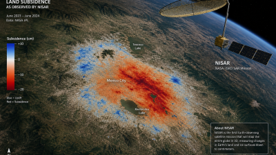 NISAR satellite radar map showing Mexico City land subsidence from space