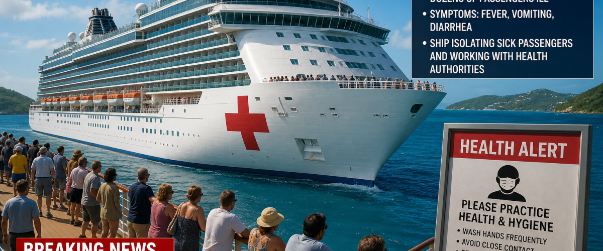 Caribbean Princess cruise ship at sea during norovirus outbreak with health response teams