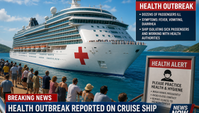 Caribbean Princess cruise ship at sea during norovirus outbreak with health response teams