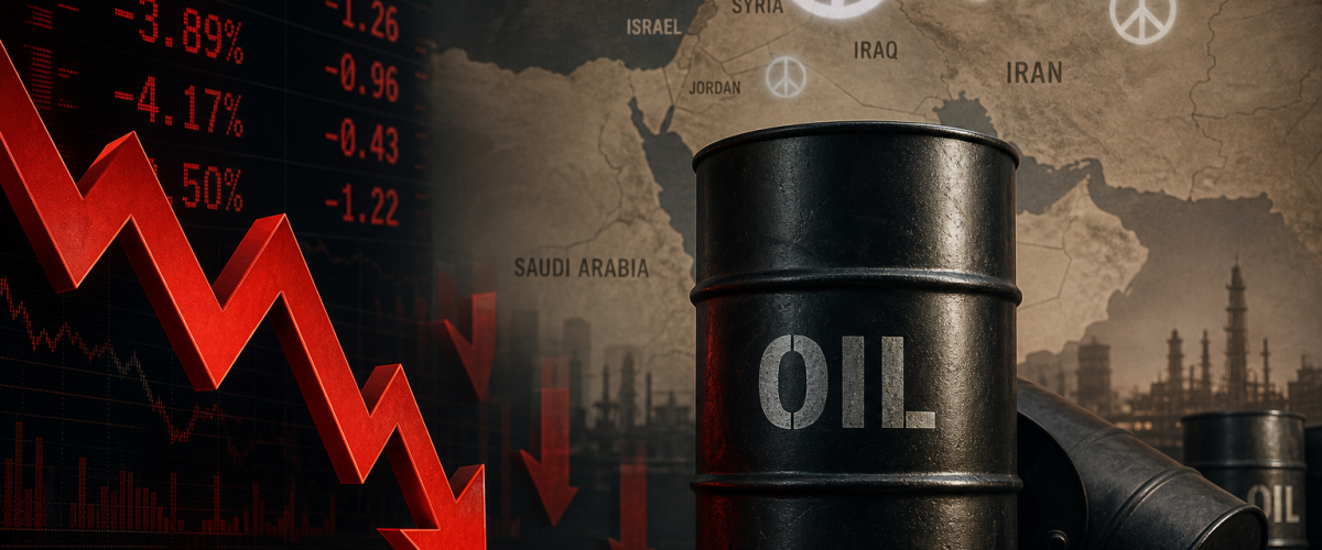 Crude oil barrels with downward price arrows and Middle East peace talks illustration