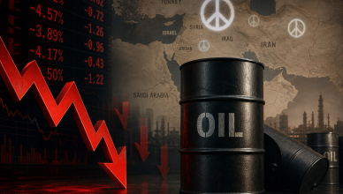 Crude oil barrels with downward price arrows and Middle East peace talks illustration
