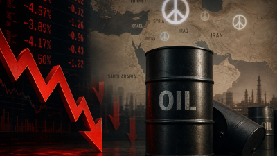 Crude oil barrels with downward price arrows and Middle East peace talks illustration