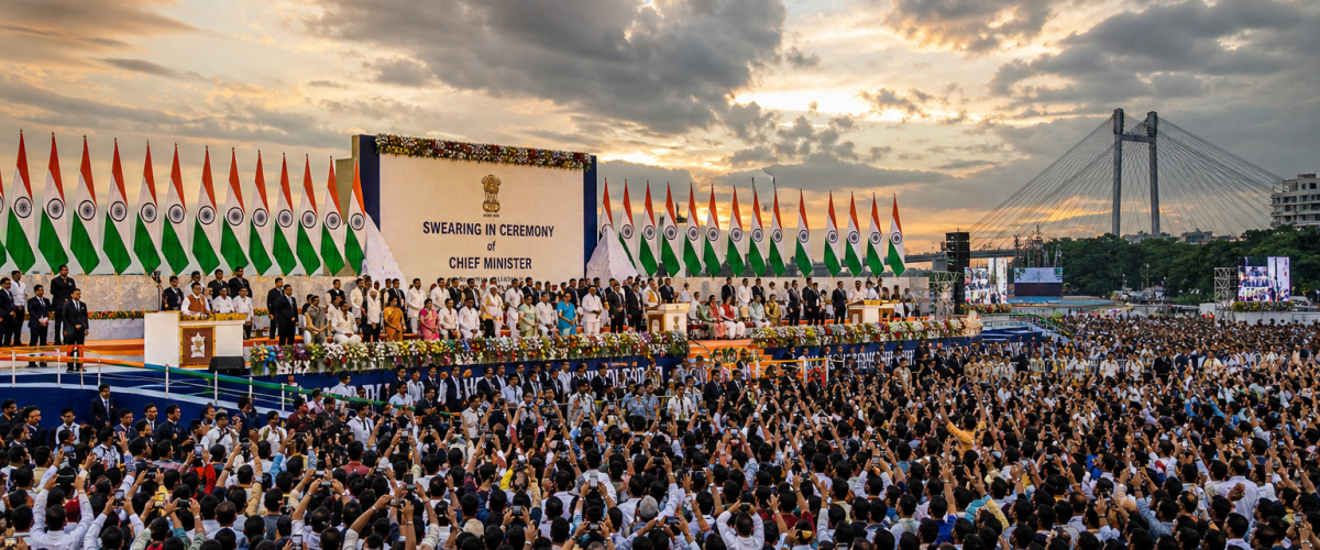 Suvendu Adhikari swearing-in ceremony at Brigade Parade Grounds Kolkata with massive crowd and Indian flags