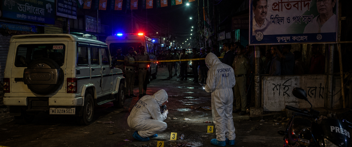 Police forensic team examining crime scene in Madhyamgram after Chandranath Rath shooting