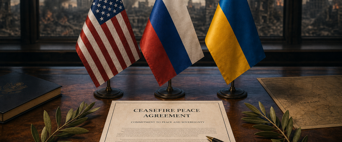 US Russia Ukraine flags with ceasefire peace agreement document and olive branch symbolizing diplomatic breakthrough