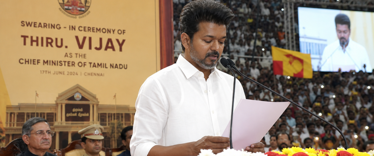 Vijay taking oath as Tamil Nadu Chief Minister at Jawaharlal Nehru Indoor Stadium in Chennai