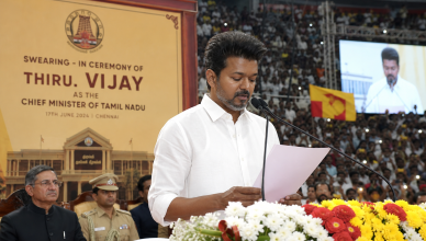 Vijay taking oath as Tamil Nadu Chief Minister at Jawaharlal Nehru Indoor Stadium in Chennai