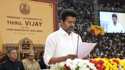 Vijay taking oath as Tamil Nadu Chief Minister at Jawaharlal Nehru Indoor Stadium in Chennai