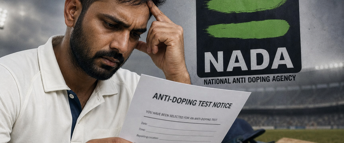 Cricket player with NADA anti-doping test notice document symbolizing dope test compliance issue in Indian cricket