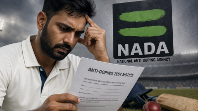 Cricket player with NADA anti-doping test notice document symbolizing dope test compliance issue in Indian cricket