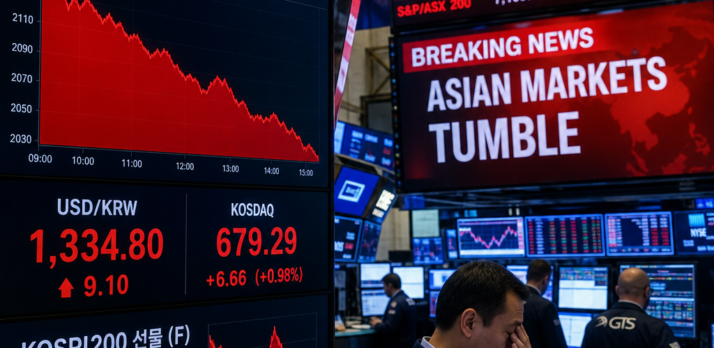 Stock market screens showing India market decline as Asian semiconductor stocks surge