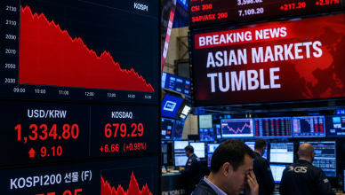Stock market screens showing India market decline as Asian semiconductor stocks surge