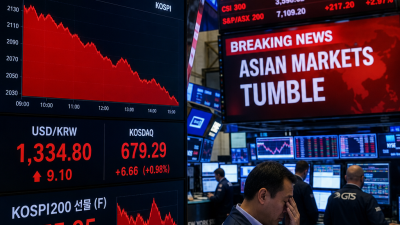 Stock market screens showing India market decline as Asian semiconductor stocks surge