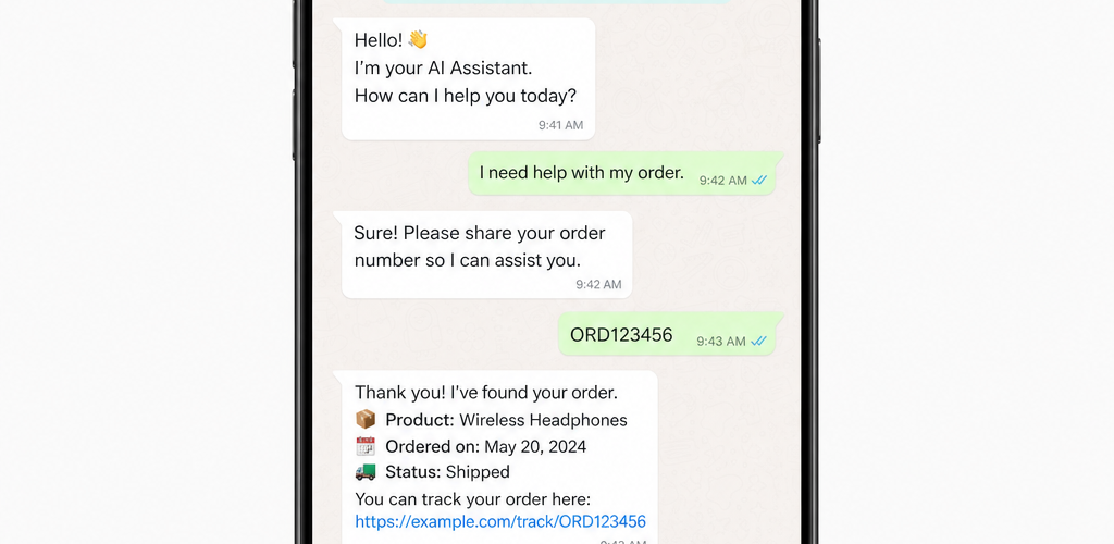 Meta AI Business Agent interface on WhatsApp showing automated business conversation