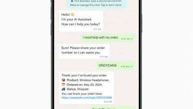 Meta AI Business Agent interface on WhatsApp showing automated business conversation