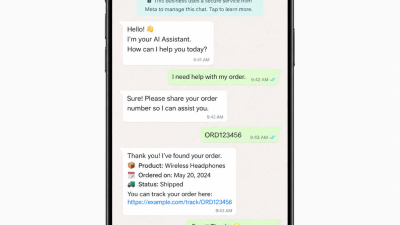 Meta AI Business Agent interface on WhatsApp showing automated business conversation