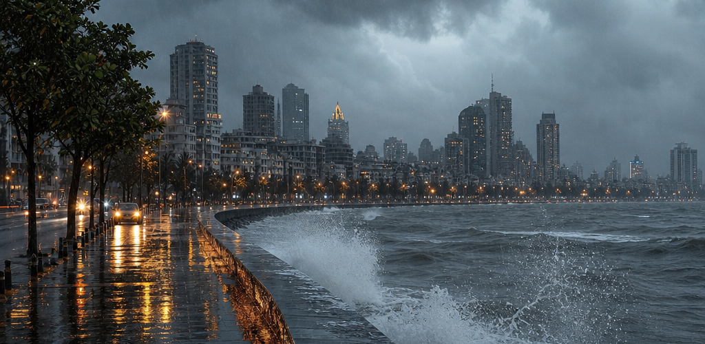Mumbai city drenched in heavy pre-monsoon rainfall with dramatic storm clouds