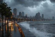 Mumbai city drenched in heavy pre-monsoon rainfall with dramatic storm clouds