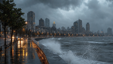 Mumbai city drenched in heavy pre-monsoon rainfall with dramatic storm clouds