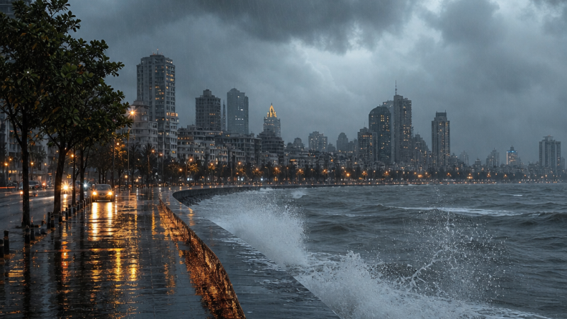 Mumbai city drenched in heavy pre-monsoon rainfall with dramatic storm clouds
