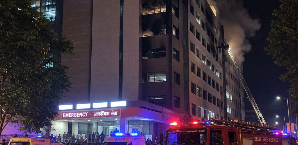 Fire engines and ambulances outside Prasad Hospital in Muzaffarpur Bihar after ICU fire