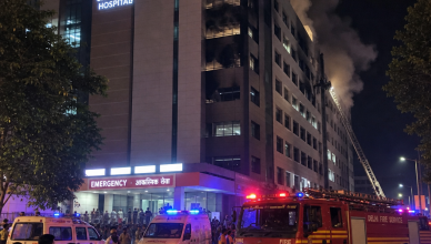 Fire engines and ambulances outside Prasad Hospital in Muzaffarpur Bihar after ICU fire