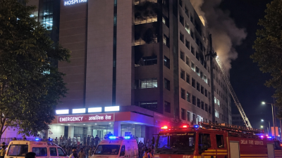 Fire engines and ambulances outside Prasad Hospital in Muzaffarpur Bihar after ICU fire