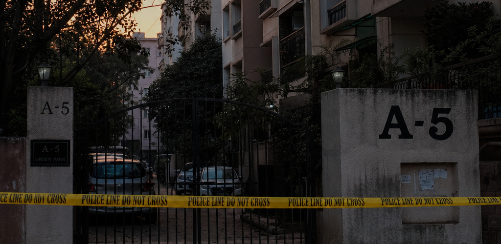 Police investigation at Satyam Apartments in Vasundhara Enclave Delhi after DU professor found murdered