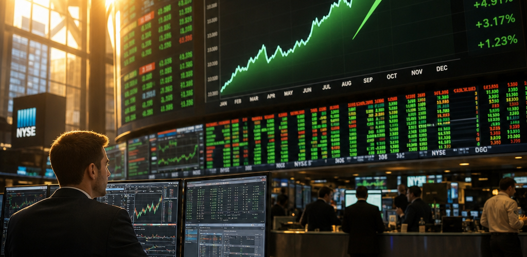 Stock market trading screens showing strong returns representing SoftBank Lenskart stake sale