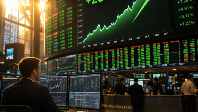 Stock market trading screens showing strong returns representing SoftBank Lenskart stake sale