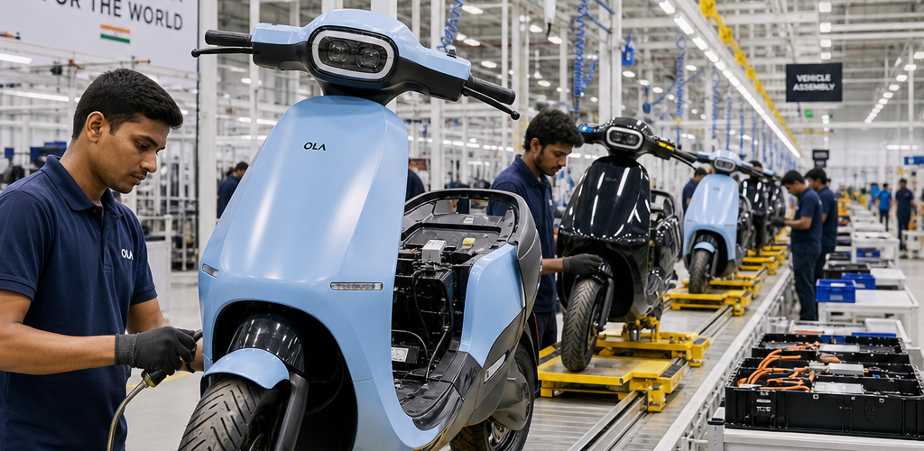 Ola Electric scooter manufacturing facility representing company QIP fundraise for growth