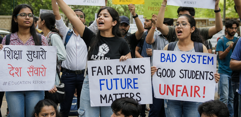 Protest at Jantar Mantar New Delhi demanding accountability for NEET 2026 paper leak