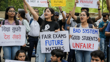 Protest at Jantar Mantar New Delhi demanding accountability for NEET 2026 paper leak