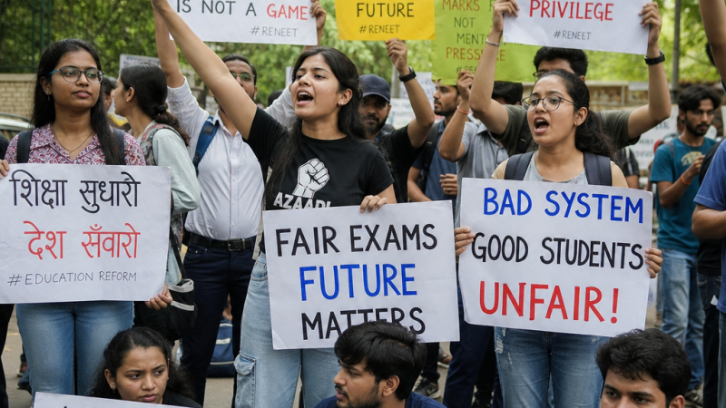 Protest at Jantar Mantar New Delhi demanding accountability for NEET 2026 paper leak