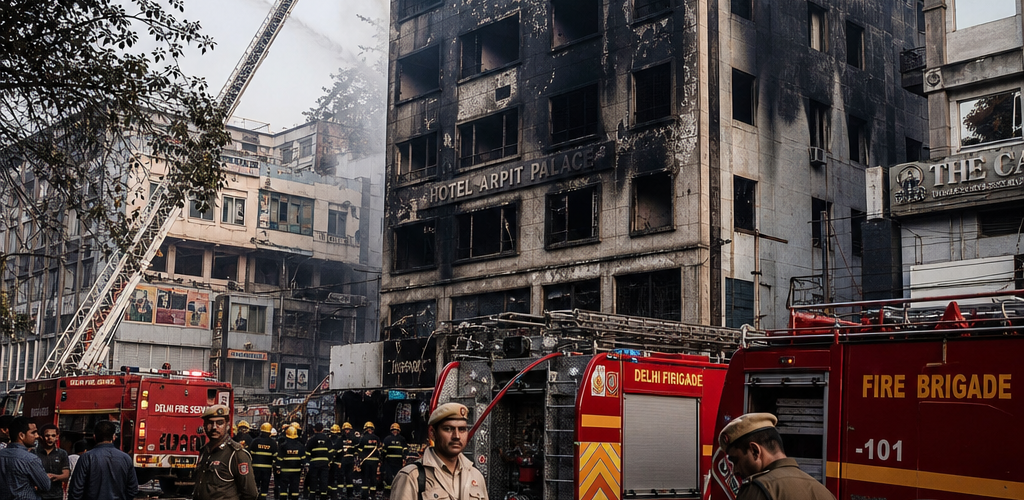 Fire damage at Flourish Stays hotel in Malviya Nagar South Delhi after deadly blaze